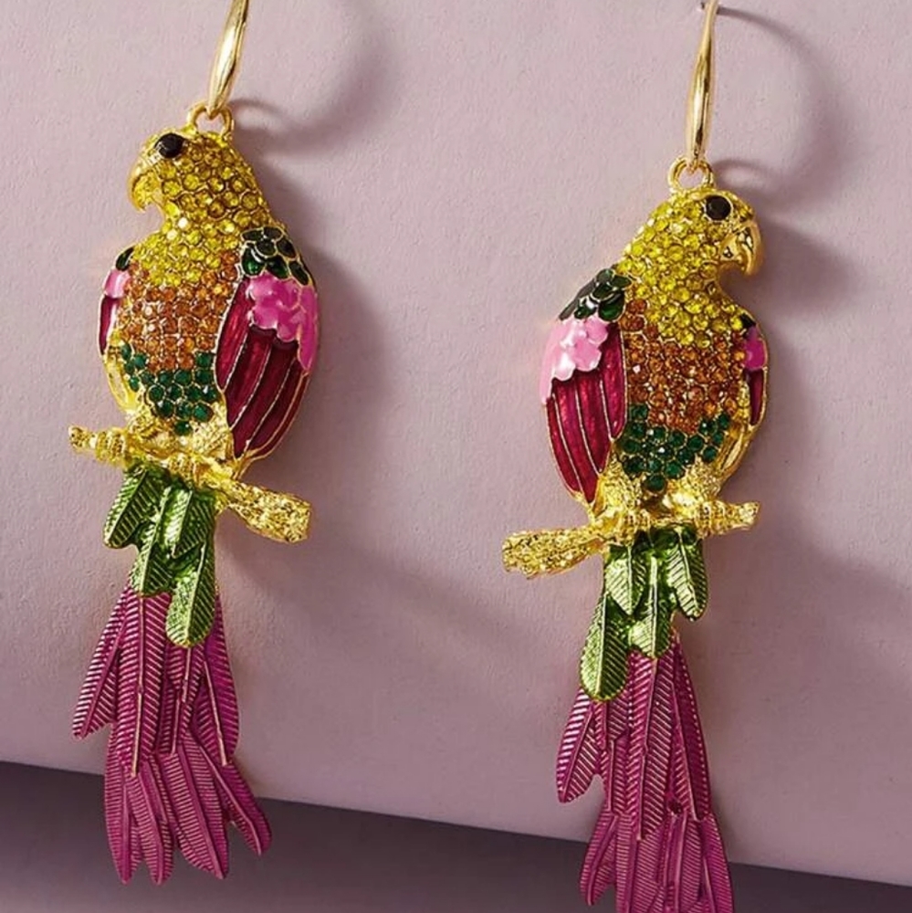 Host Pick! "Lory" glamorous rhinestone parrot tropical colorful earrings